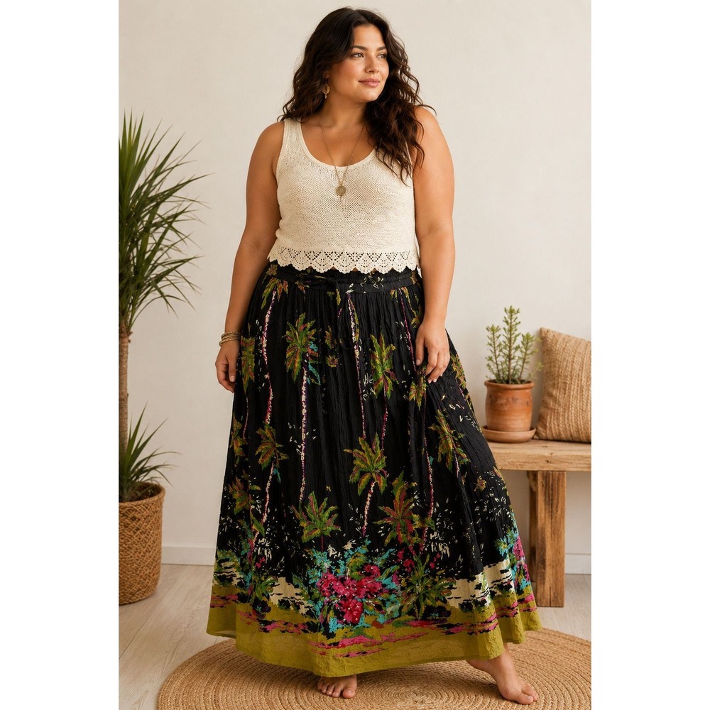 White Stag Womens Broomstick Drawstring Maxi Skirt Black Size 18W Boho Coastal T